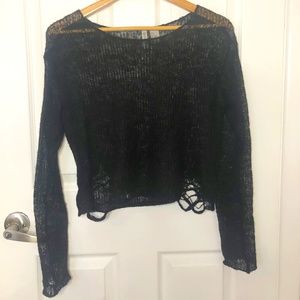 Cropped, distressed sheer knit sweater